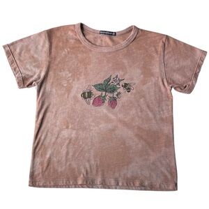 Hand-dyed Brown Brandy Melville Strawberry Bee Graphic Cropped Tee